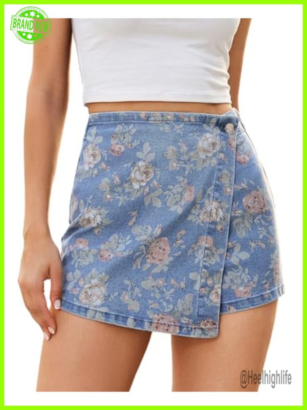 Floral Print Faux Wrap Denim Skort High Waisted Stretchy
